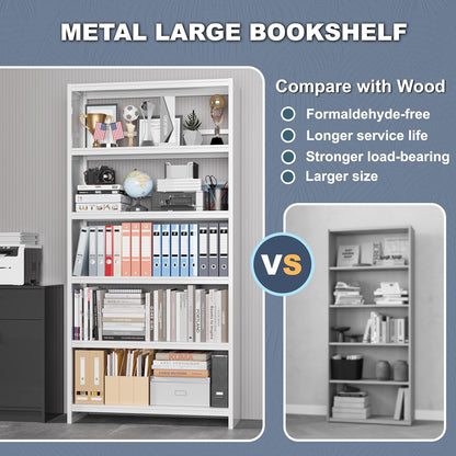 69" Tall Bookcase, 5-Tier Wide Bookshelf, Library Book Case with Display Shelf, Lightweight Metal