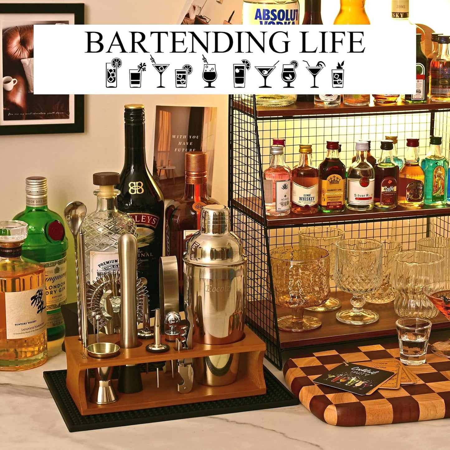 Bartender Kit Cocktail Shaker Set with Stand Bar Tool Bar Set for Drink Mixing Home Bartending Kit