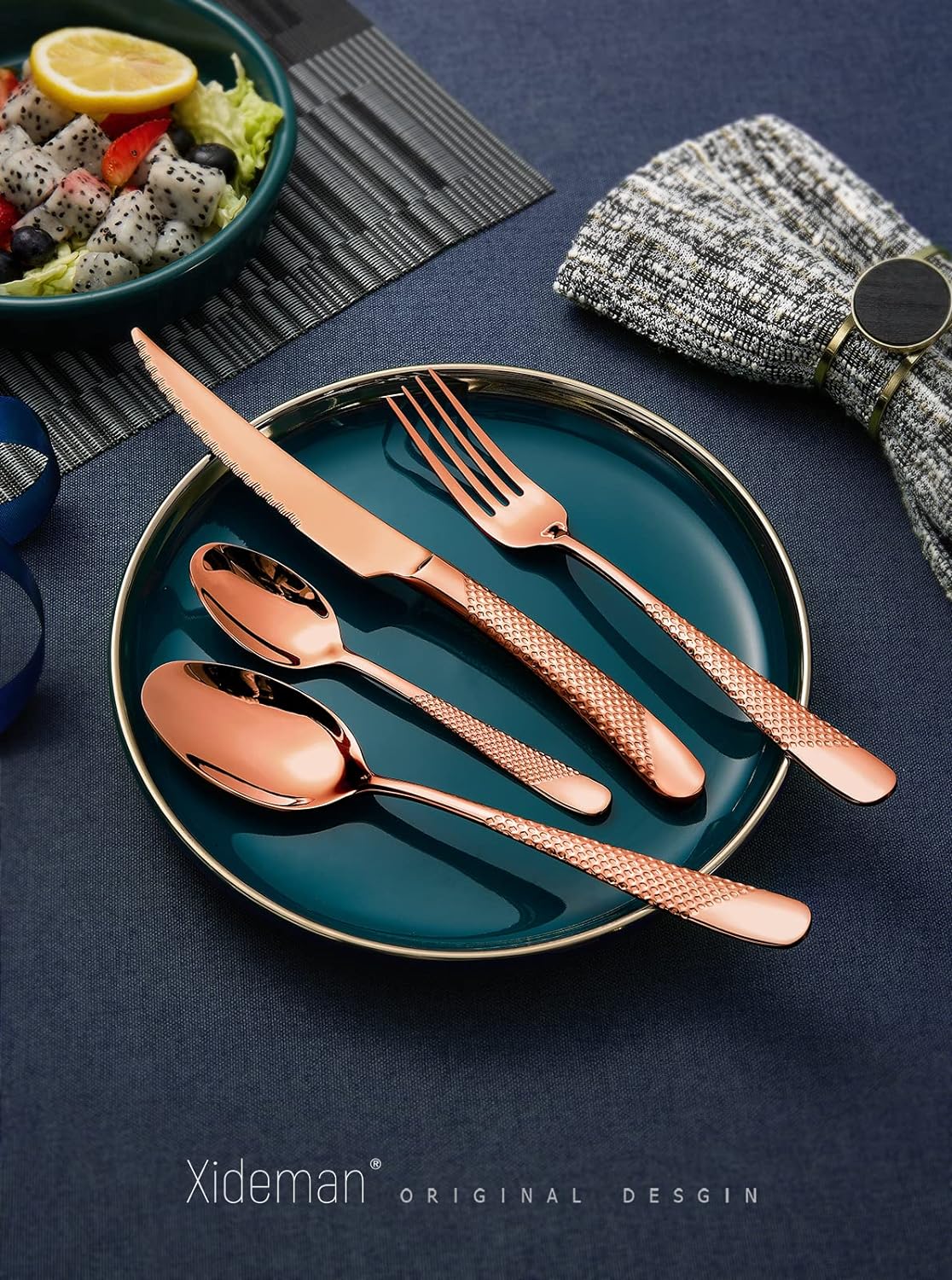 16-Piece Modern Copper Hammered Silverware Set with Ultra Sharp 2-IN-1 Serrated Knife, Rose Gold
