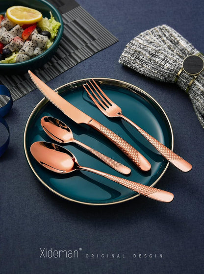 16-Piece Modern Copper Hammered Silverware Set with Ultra Sharp 2-IN-1 Serrated Knife, Rose Gold