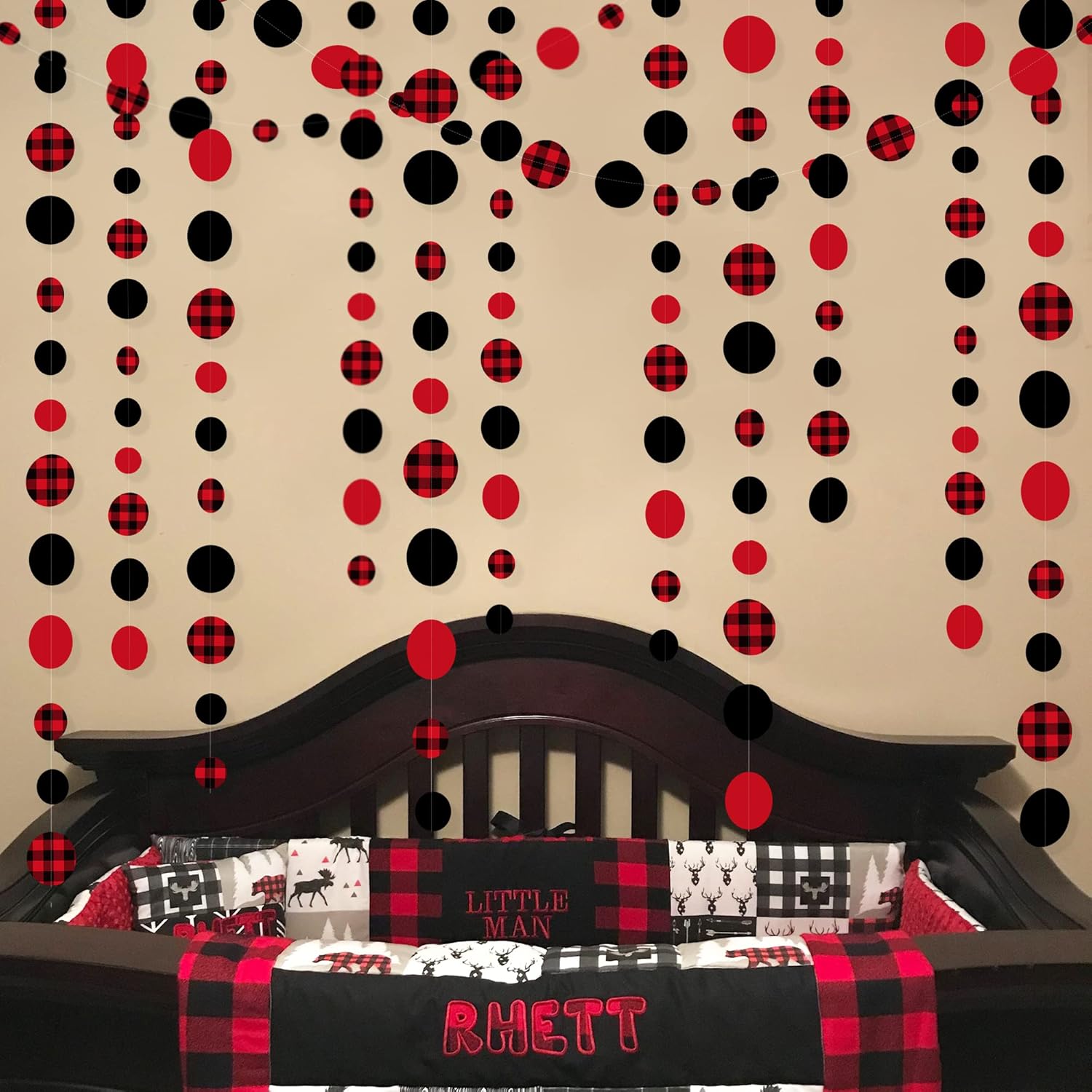 46Ft Buffalo Plaid Polka Dot Garlands Black Red Checkered Paper Circle Dot Streamer Banner for Baby