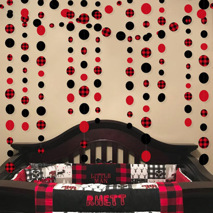 46Ft Buffalo Plaid Polka Dot Garlands Black Red Checkered Paper Circle Dot Streamer Banner for Baby