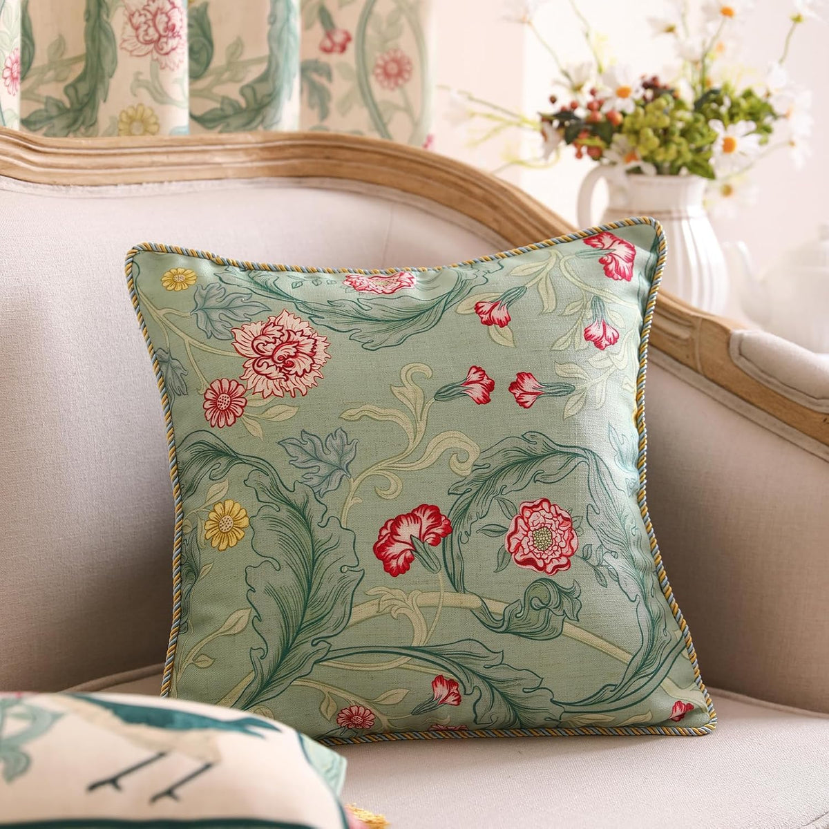 patdrea Designer Pack of 4 Throw Pillow Covers,French Vintage Rustic Linen with Green Floral