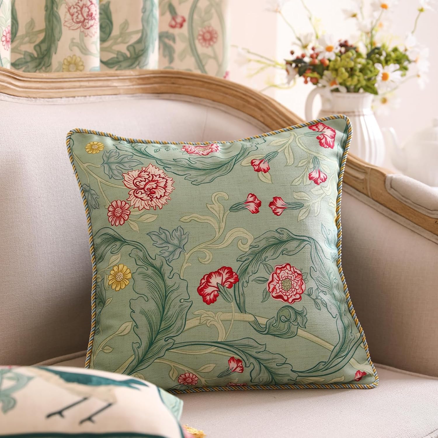 patdrea Designer Pack of 4 Throw Pillow Covers,French Vintage Rustic Linen with Green Floral