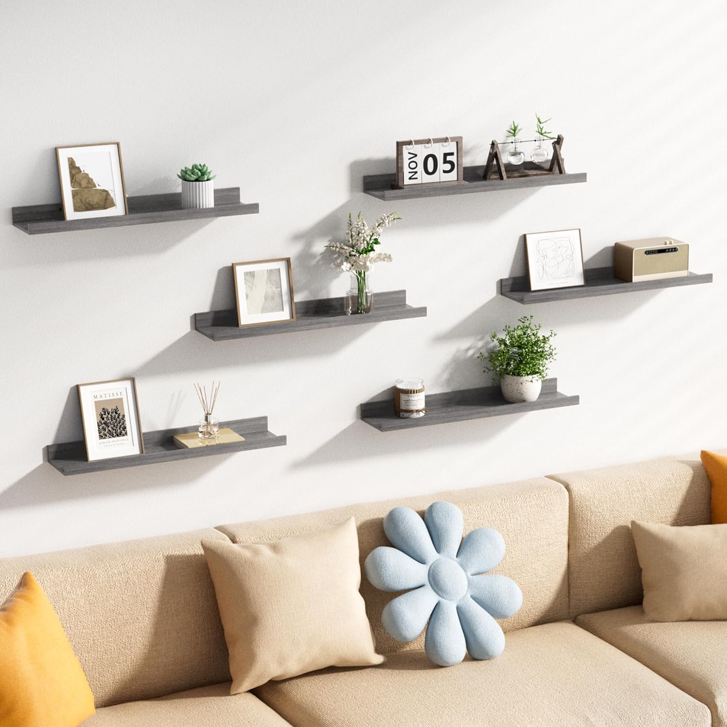upsimples Floating Shelves for Wall, Wood Mounted Shelf Decor Storage Set of 6, for Bedroom, Living