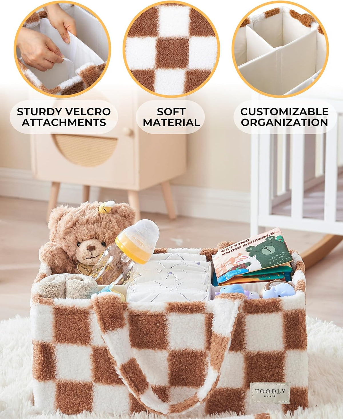 Checkered Diaper Caddy Organizer with Portable Changing Mat - Teddy Fleece Diaper Organizer for