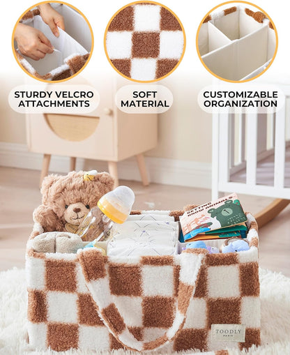 Checkered Diaper Caddy Organizer with Portable Changing Mat - Teddy Fleece Diaper Organizer for