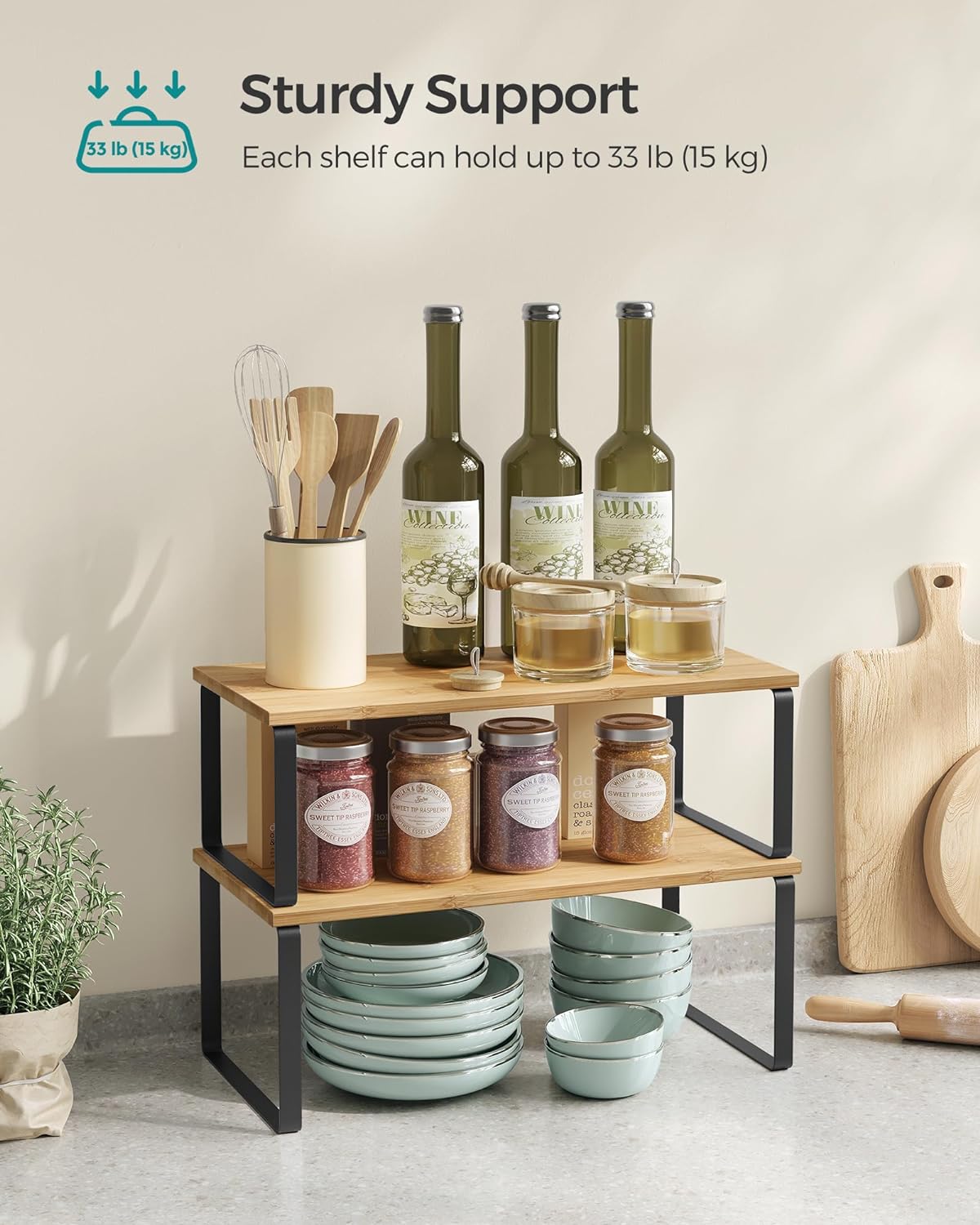 SONGMICS Cabinet Organizer Shelf, Set of 2 Kitchen Counter Shelves, Kitchen Storage, Spice Rack