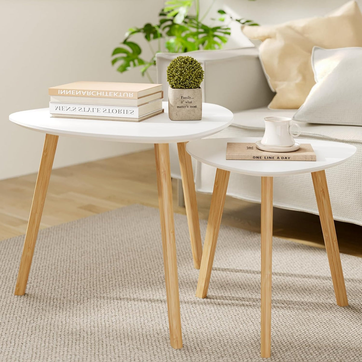 BAMEOS Bamboo Nesting Triangle End Table,Set of 2 Coffee Table Modern Minimalist Side Table for