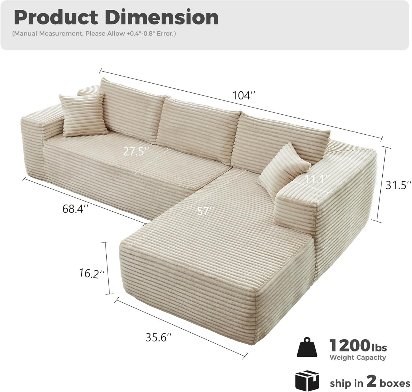 HOOOWOOO Cloud Sectional Couches for Living Room,Modular Sectional Sofa No Assembly,Plush Corduroy