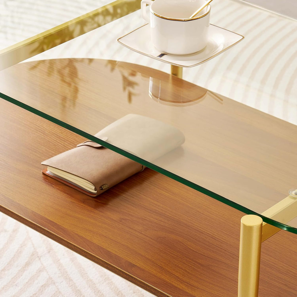 Oval Glass Coffee Table, Mid-Century Modern Design, L41 x W21 x H17 inch, for Living Room, 2-Tier