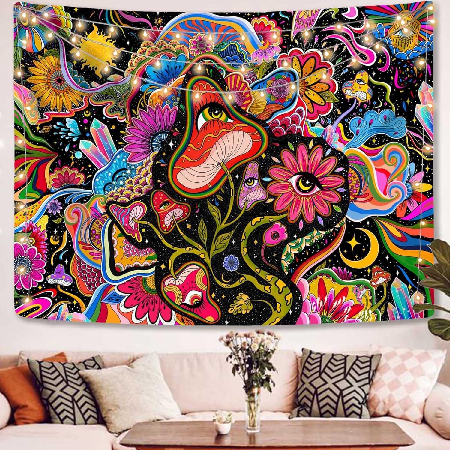 Lunerfex Mushroom Tapestry Pink Flowers Tapestry for Bedroom Aesthetic Tapestries Cute Floral