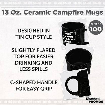 DISCOUNT PROMOS Custom Ceramic Campfire Coffee Mugs 13 oz. Set of 100, Personalized Bulk Pack