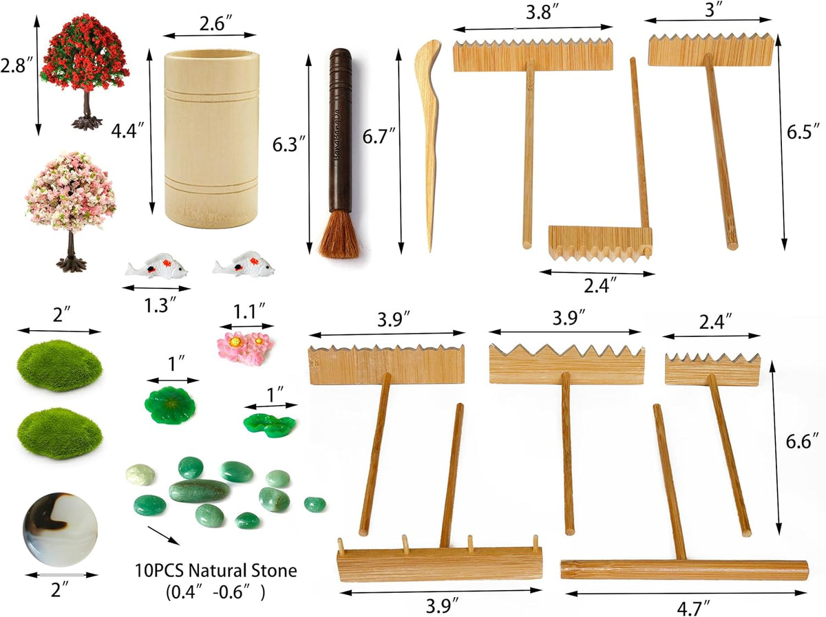 Zen Garden Tools Kit Accessories - Japanese Zen Garden Decor Zen Rake Set Mini Bamboo Rock Sand