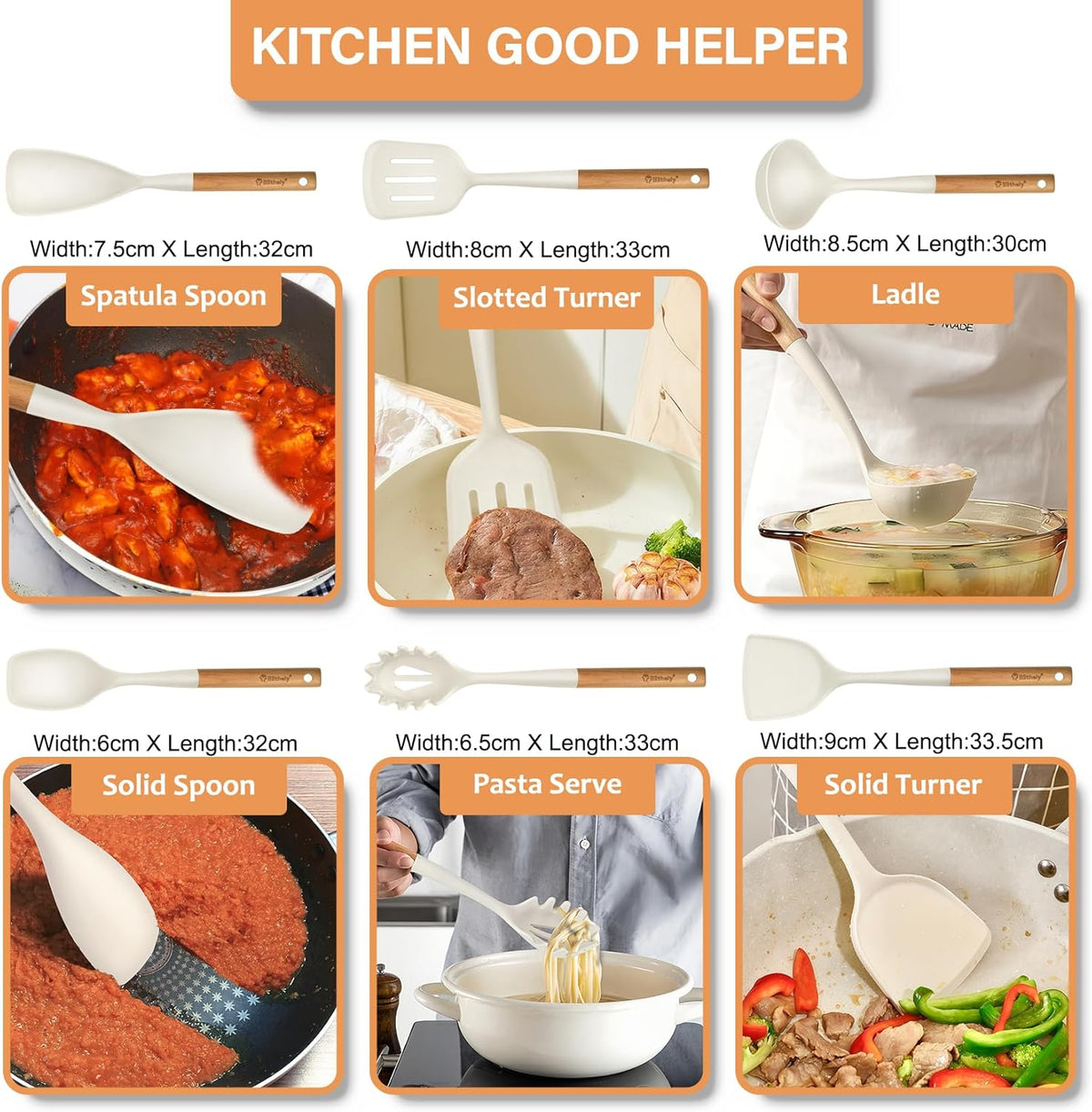 Silicone Cooking Utensils Set, 6 Pack Large Kitchen Utensils Set with Wooden Handle, Heat Resistant