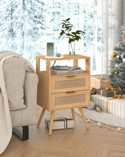 Rattan Nightstand with Charging Station,Modern Bedside Table with 2 Storage Drawer and Open Wood