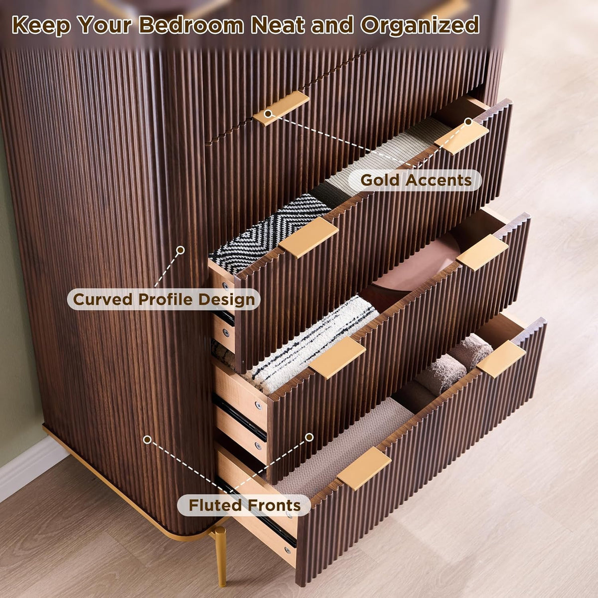 T4TREAM Fluted 5 Drawers Dresser for Bedroom, 48" Tall Modern Dresser Chest of Drawers, Gold