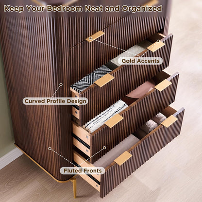 T4TREAM Fluted 5 Drawers Dresser for Bedroom, 48" Tall Modern Dresser Chest of Drawers, Gold