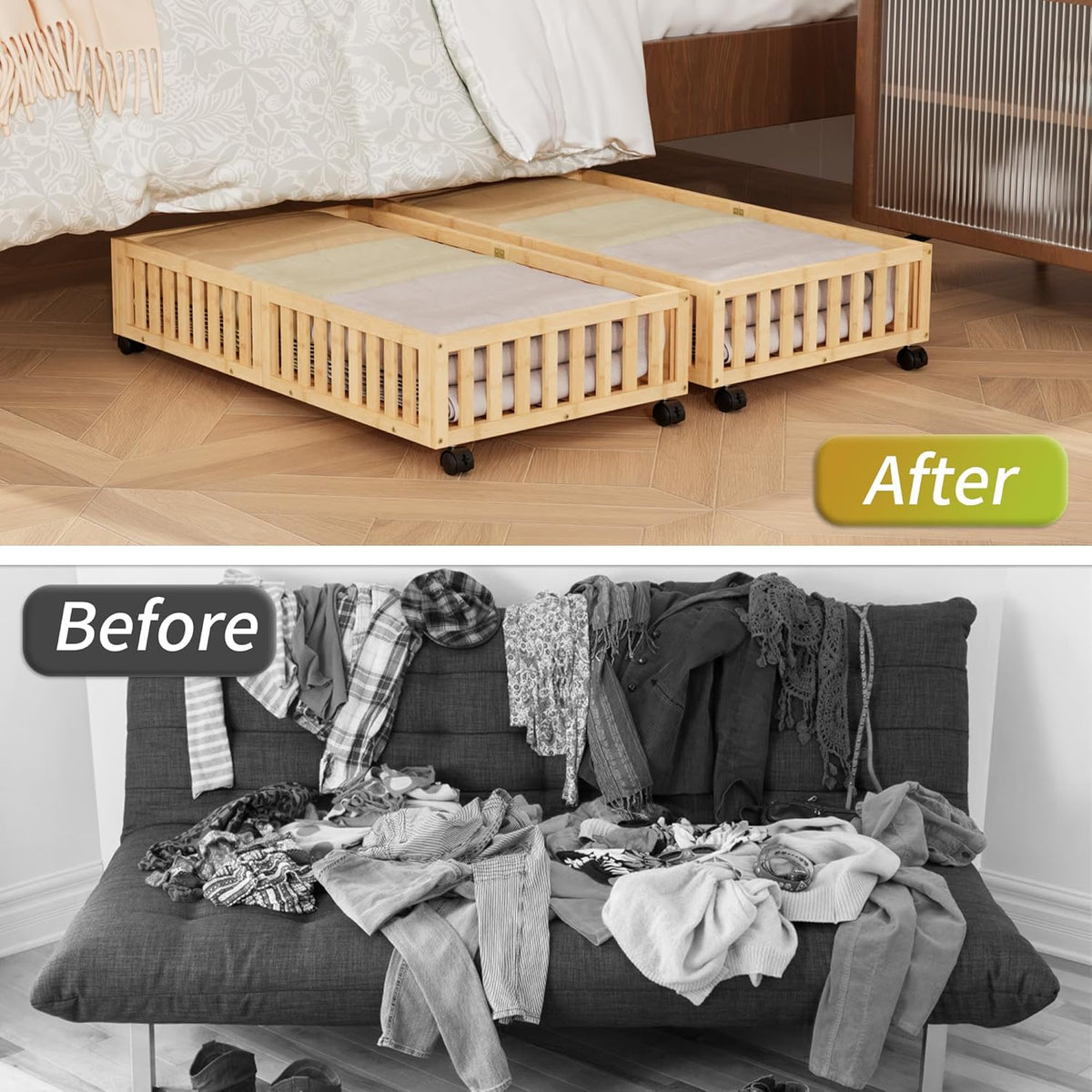 Bamboo Under Bed Storage with Wheels (2-Pack) – Rolling Underbed Shoe Organizer Box for Shoes