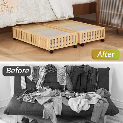 Bamboo Under Bed Storage with Wheels (2-Pack) – Rolling Underbed Shoe Organizer Box for Shoes