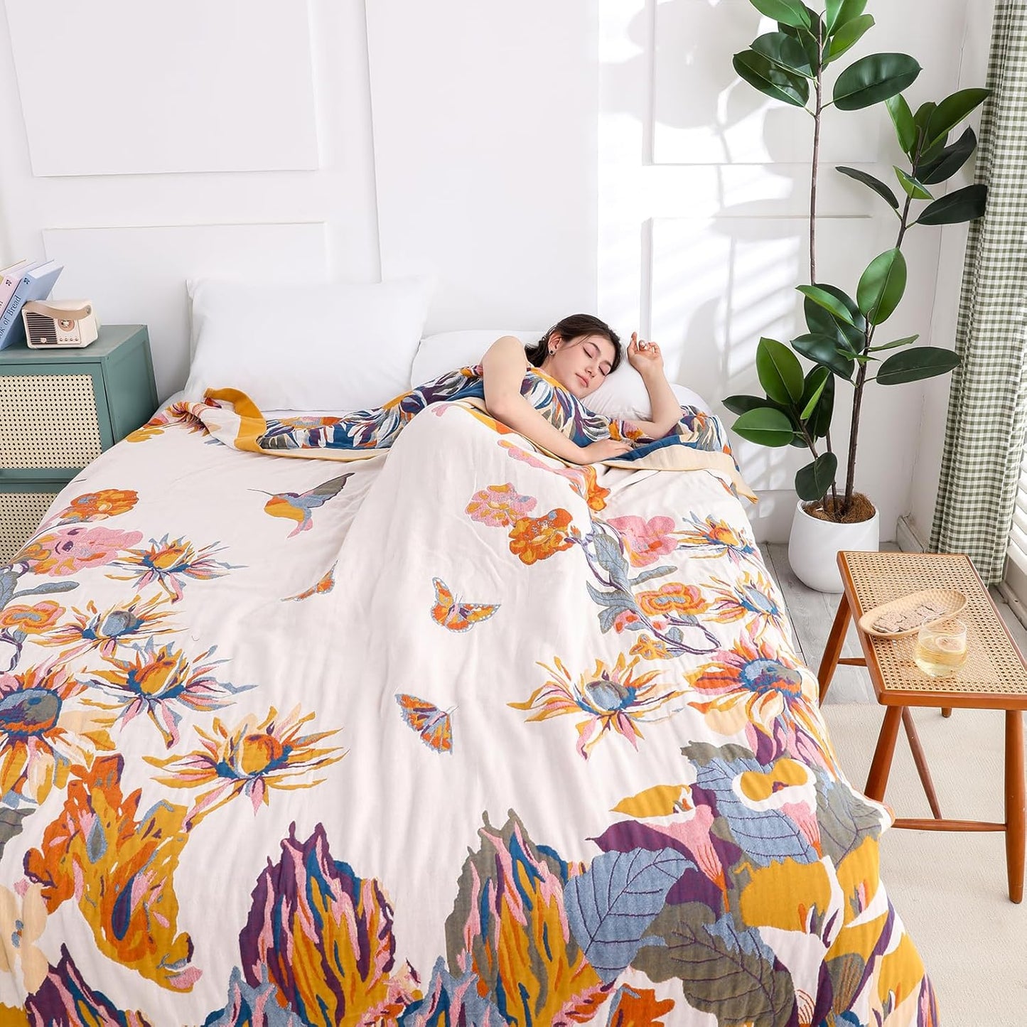 Snycler Boho Throw Blanket for Bed - 100% Cotton Ultra Soft Rustic Quilt - Watercolour Floral