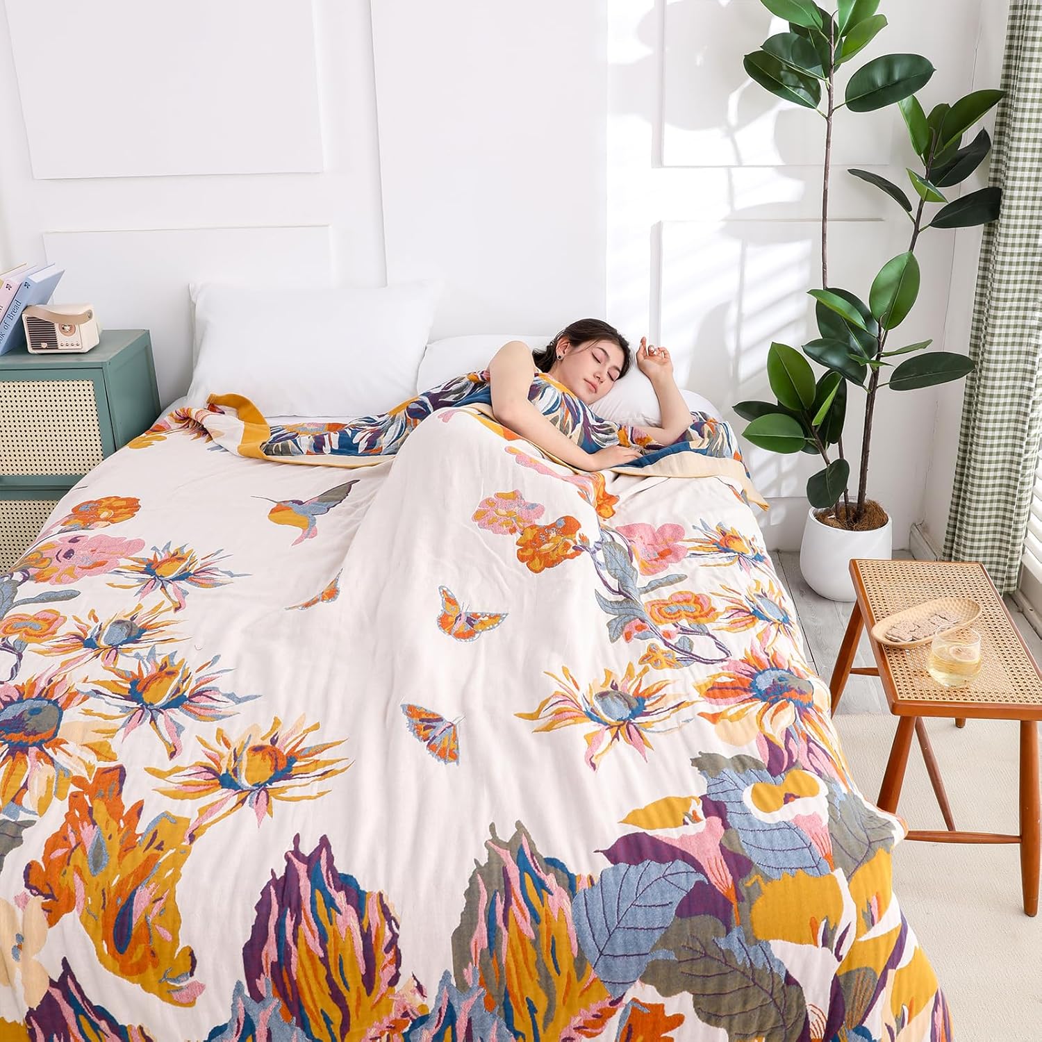 Snycler Boho Throw Blanket for Bed - 100% Cotton Ultra Soft Rustic Quilt - Watercolour Floral