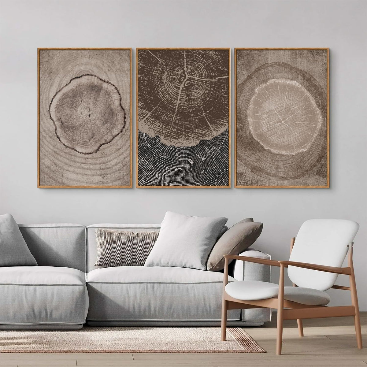 SIGNINART Beige Tree Ring Framed Canvas Wall Art Set, Abstract Black and White Rustic Wood Wall