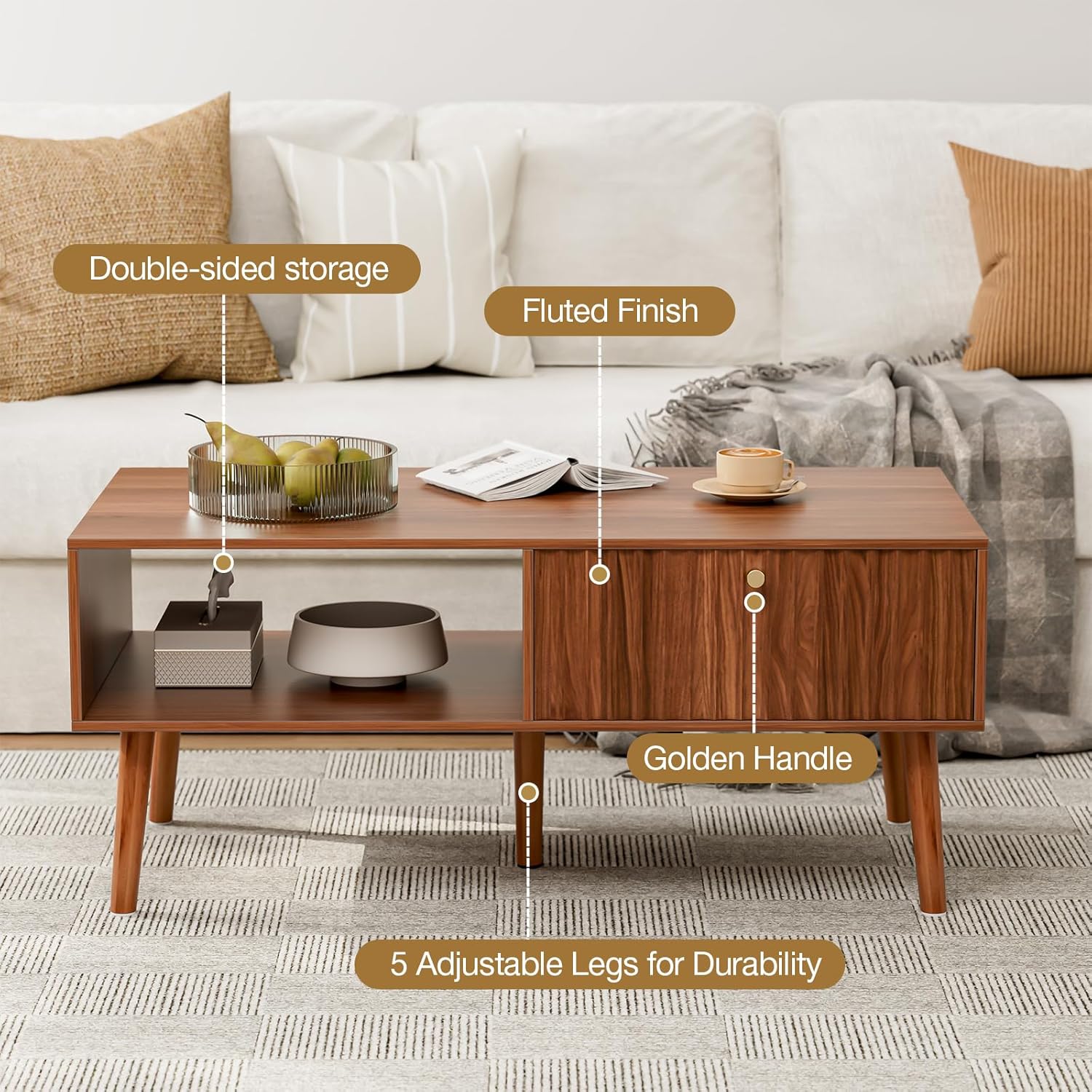 Coffee Table with Storage, Mid Century Dining Table with Fluted Drawer and Solid Wood Legs, Small