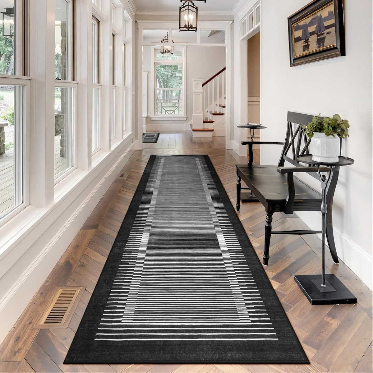 Wonnitar Washable Striped Black Runner Rug for Hallway 2'6"x8', Non-Slip Kitchen Runner Rug, Low