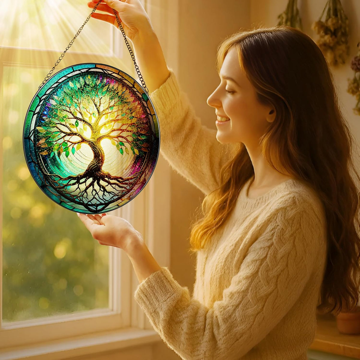 Stained Glass Window Hanging, LAOWEIKI 8'' Tree of Life Suncatcher, Stained Glass Ornament