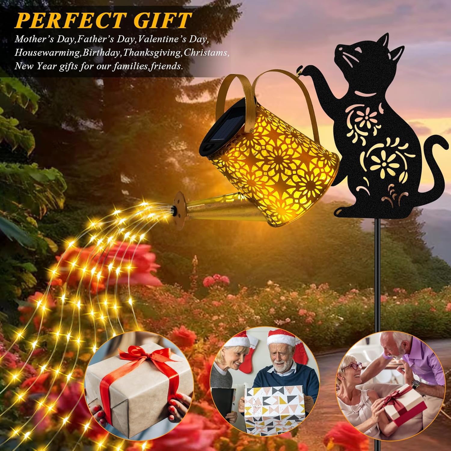 Solar Lights Outdoor Decorative, Watering Can with Cascading Lights, with Cat Silhouette Garden