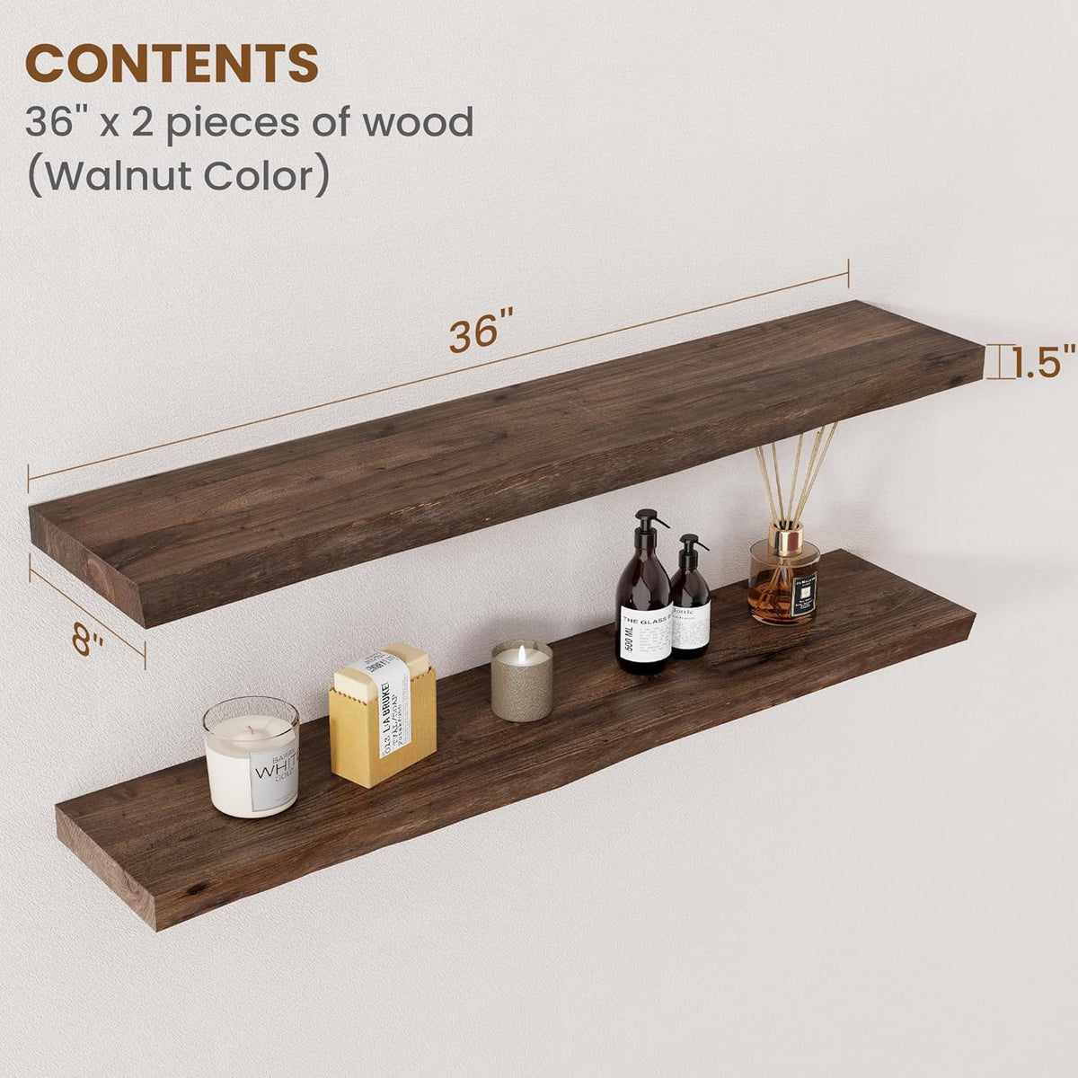 Floating Shelves for Wall Decor, Rustic Solid Elm Wood Live Edge Floating Shelves Wall Mounted