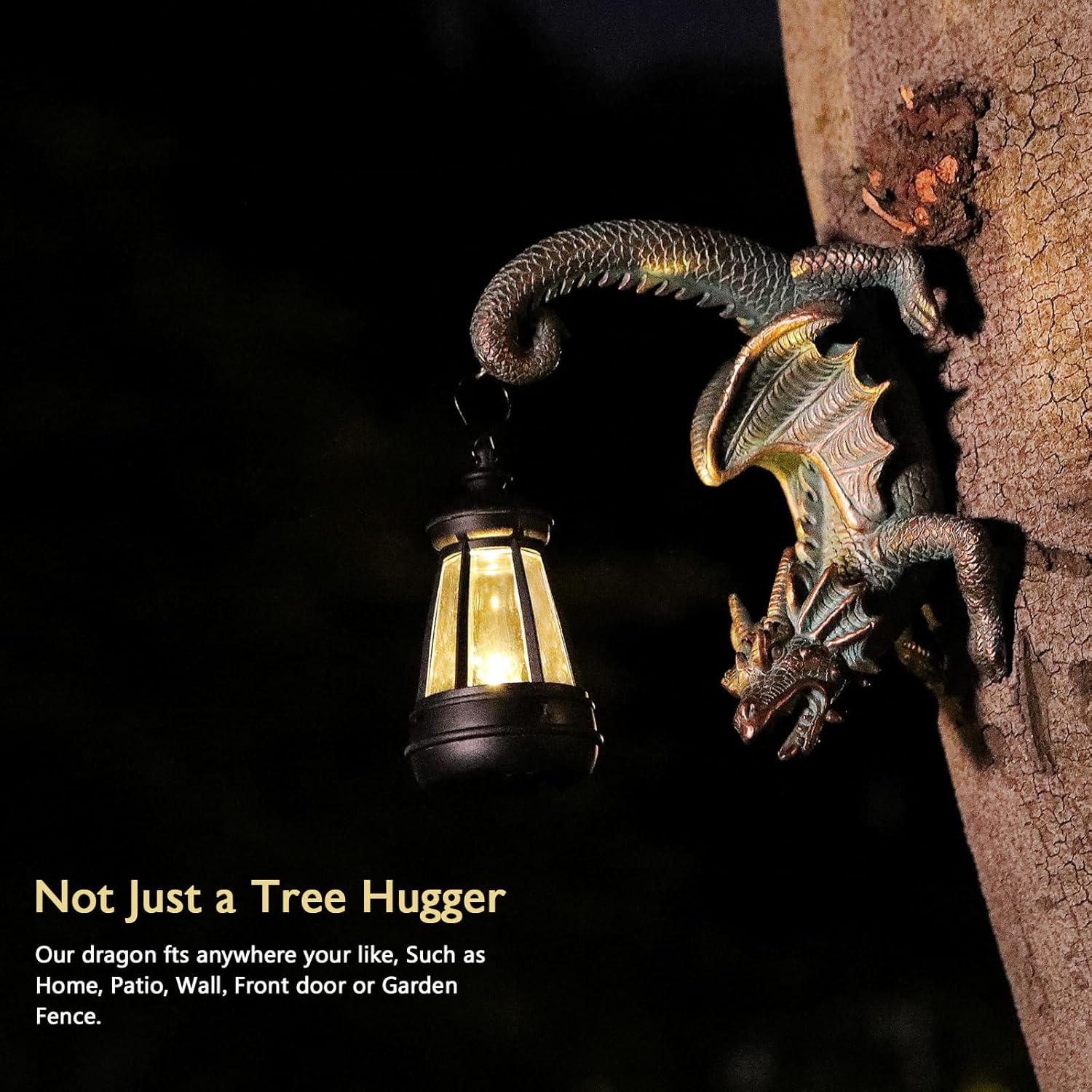 Solar Dragon Tree Hugger Statue Wall Decor - Gothic Garden Statue with Solar Lantern, Outdoor&Yard