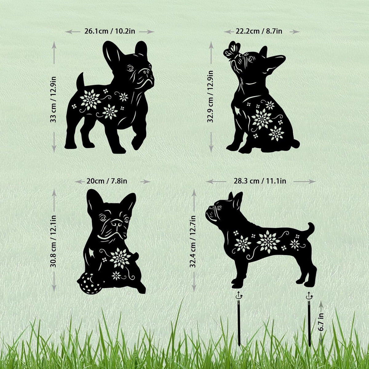 4 Pack Bulldog Metal Garden Decorative Stakes, Weather Proof Puppy Silhouette Statues for Yard
