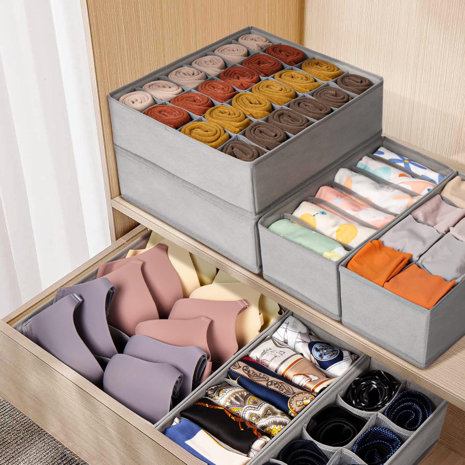 6 Pack Sock Underwear Drawer Organizer Dividers, 58 Cell Foldable Fabric Dresser Closet Organizers