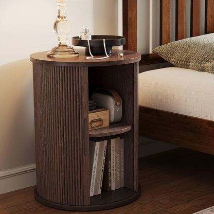 LINSY HOME Round Fluted End Table, Tall Side Table with Sliding Tambour Door and Storage Shelf