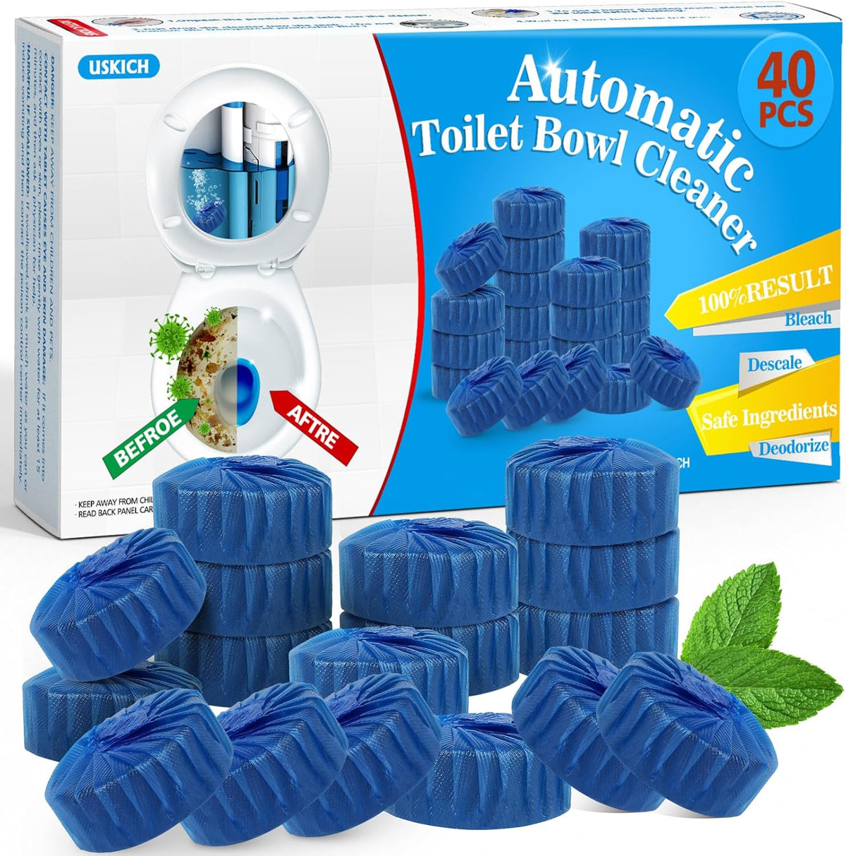 Toilet Bowl Cleaner Tablets 40 PACK, Blue Automatic Toilet Cleaner with Bleach, Using