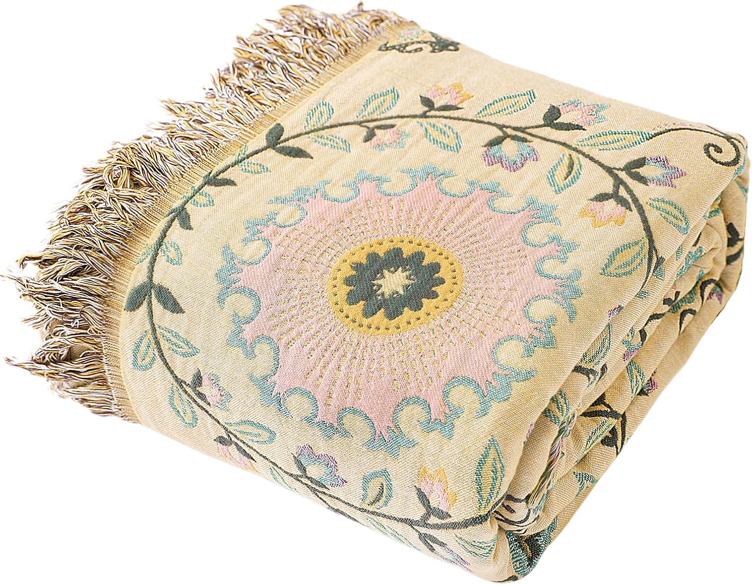 Snycler Boho Throw Blanket 60"x80" - 100% Cotton Ultra Soft Rustic Quilt, Green Floral Printed