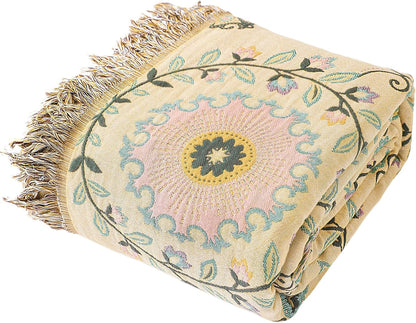 Snycler Boho Throw Blanket 60"x80" - 100% Cotton Ultra Soft Rustic Quilt, Green Floral Printed