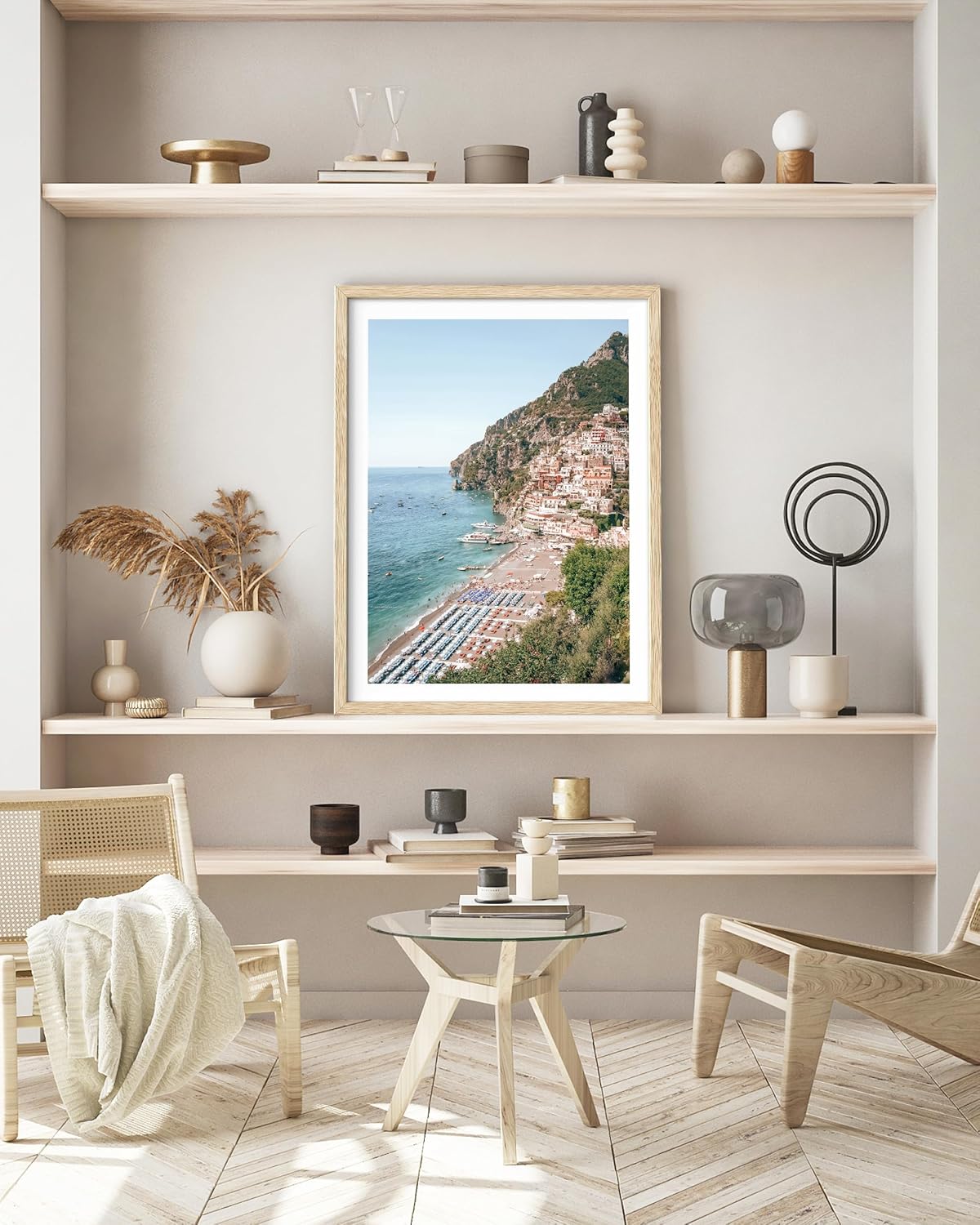 HesenDot Natural OAK Wood Framed Italian Positano Beach Wall Art,12x16in Amalfi Coast Canvas Wall