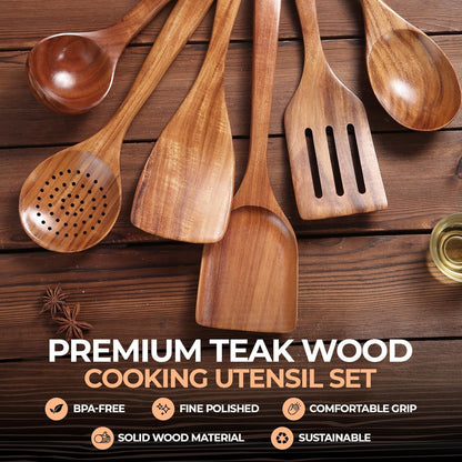 AIUHI Nonstick Natural Wooden Kitchen Utensils Set, Smooth Finish Teak Wood Spoons for Cooking
