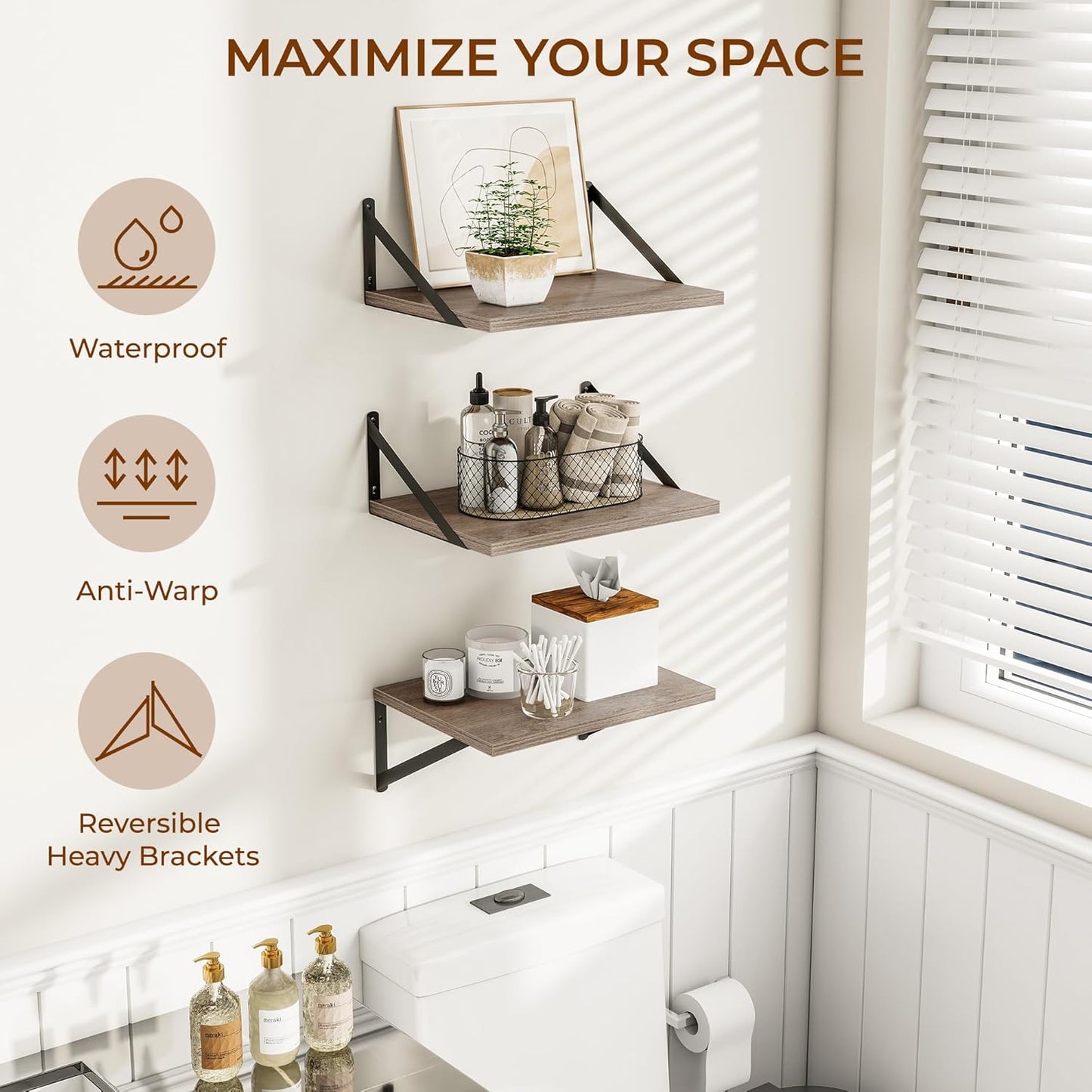 Heimlove Deep Floating Shelves for Wall, 12 Inch Deep Floating Shelves Set of 3, 16W x 12D Wood