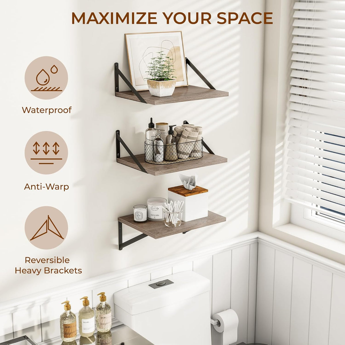 Heimlove Deep Floating Shelves for Wall, 12 Inch Deep Floating Shelves Set of 3, 16W x 12D Wood