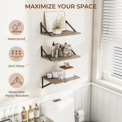 Heimlove Deep Floating Shelves for Wall, 12 Inch Deep Floating Shelves Set of 3, 16W x 12D Wood