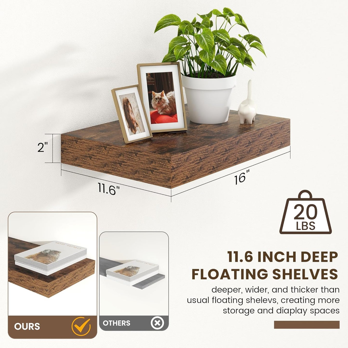 Deep Floating Shelves for Wall | 16 Inch Wide x 12 Inch Deep Floating Shelves Set of 2 | Rustic