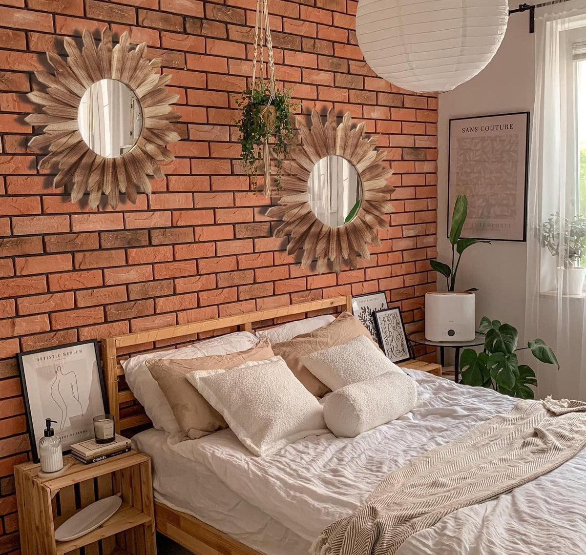 LOSOUR 2 Pack 22 Inch Boho Wall Sunburst Mirror Rustic Round Wood Decorative Mirror Boho Wall Art