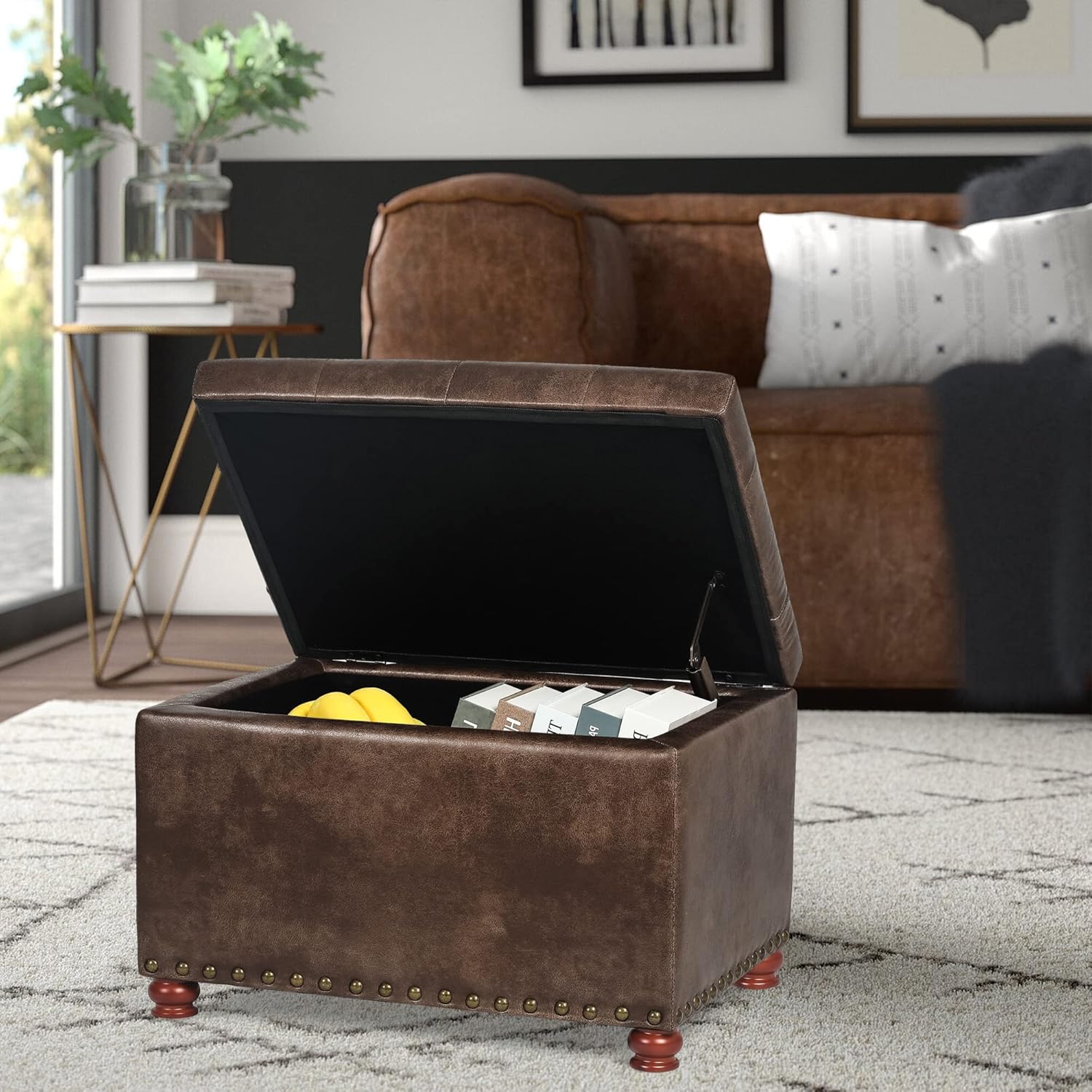 24'' Leather Ottoman with Storage Rectangle Foot Rest Ottomans Stool for Living Room(Brown,Leather