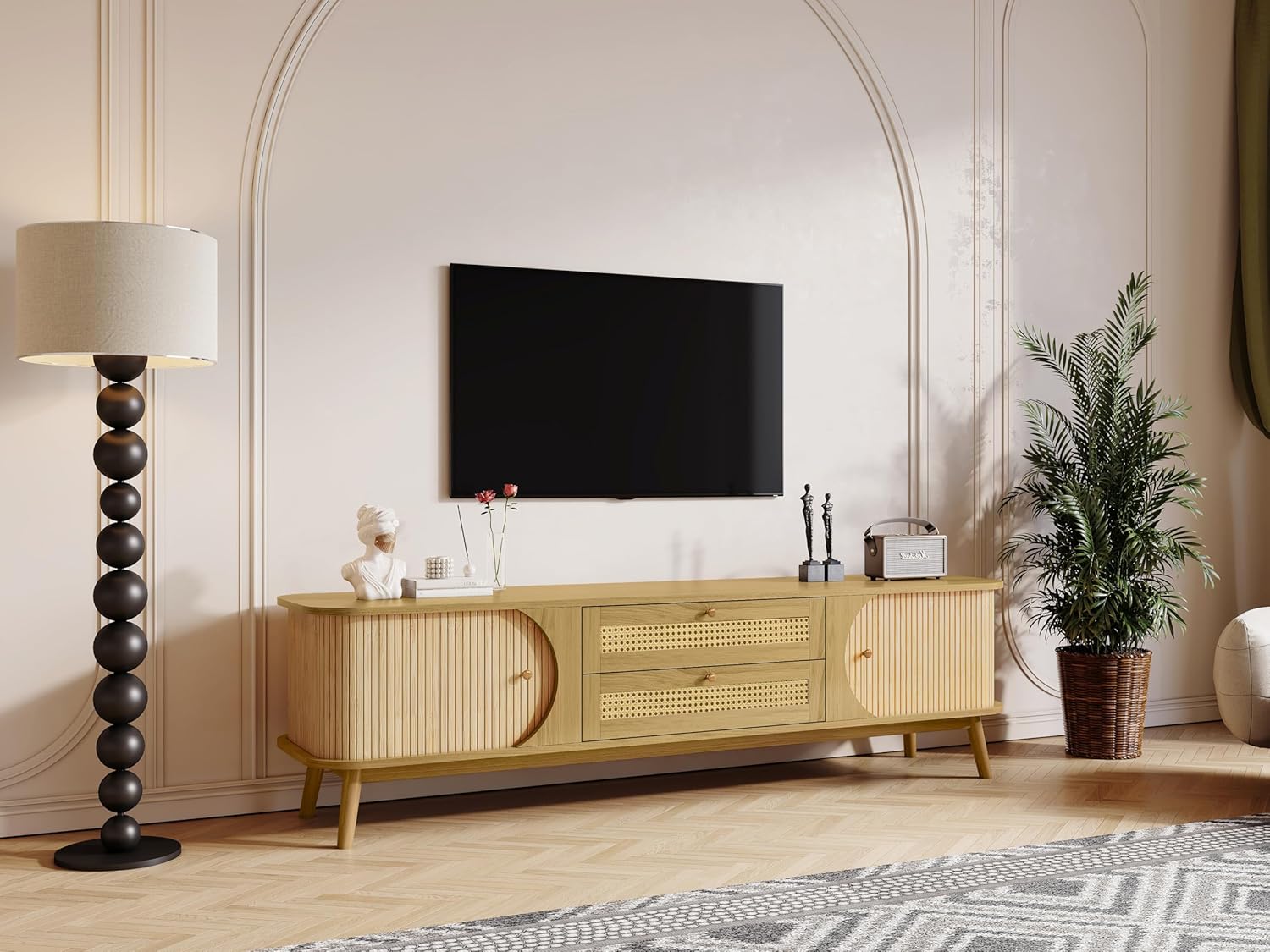 Merax Modern Fluted TV Stand for 75" TVs, Mid-Century Entertainment Center Tambour Door Media