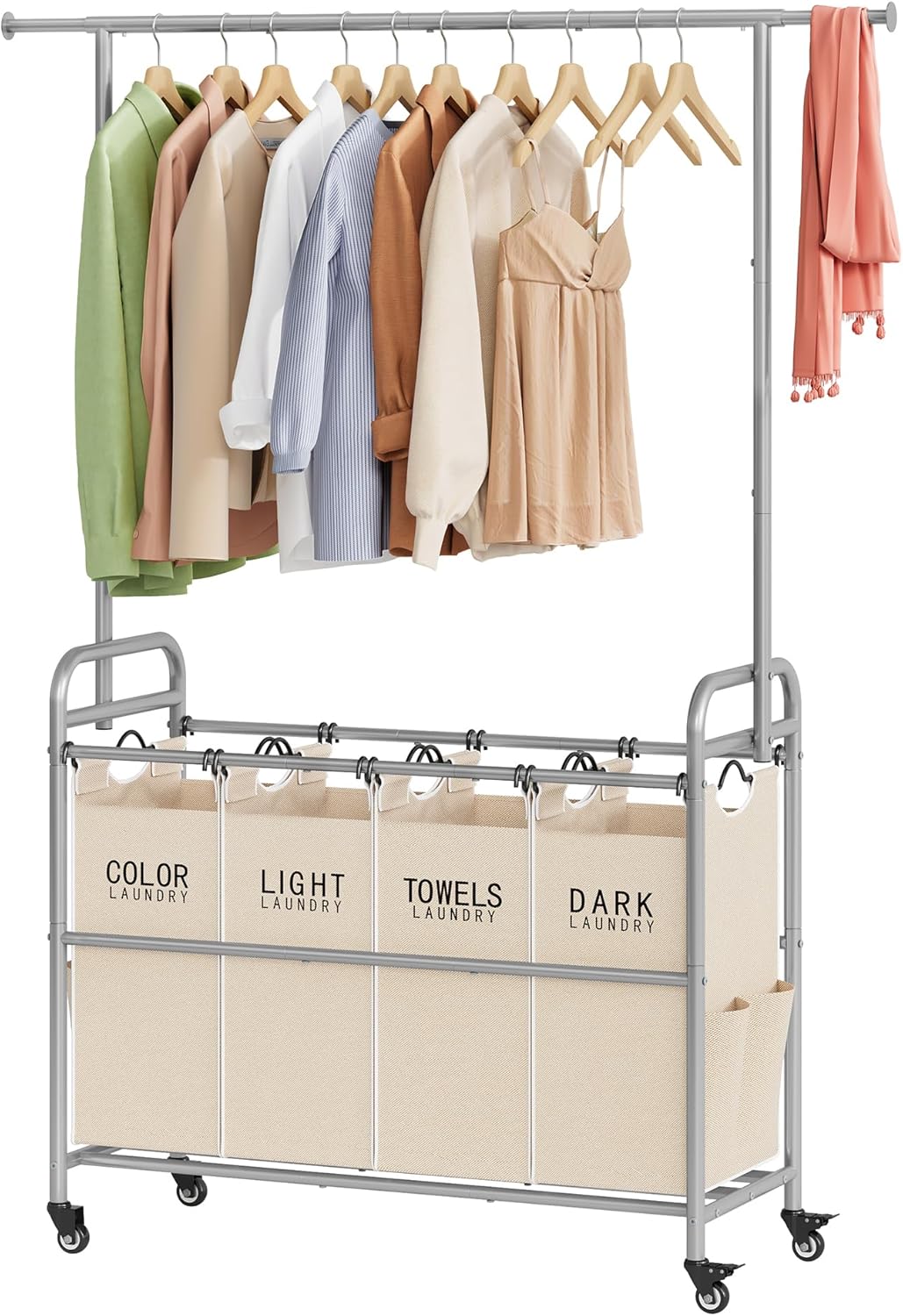 Tajsoon Laundry Hamper with Hanging Rack, Laundry Sorter 4 Sections, 4 Basket Butler with Lockable