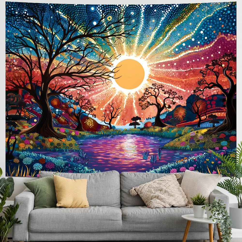 Serborlur Tree of Life Tapestry Trippy Sun Forest Tapestries Colorful Starry Sky Tapestries Hippie